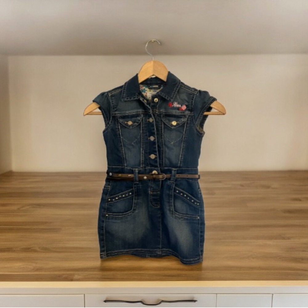Mexx Girl Kids Denim Dress Studded Embroidery Belt Pockets Snap Buttons Size 6